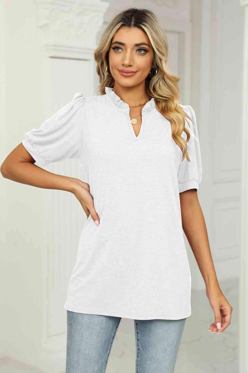 Notched Neck Puff Sleeve T-Shirt Women's T-Shirts - Tophatter Daily Deals