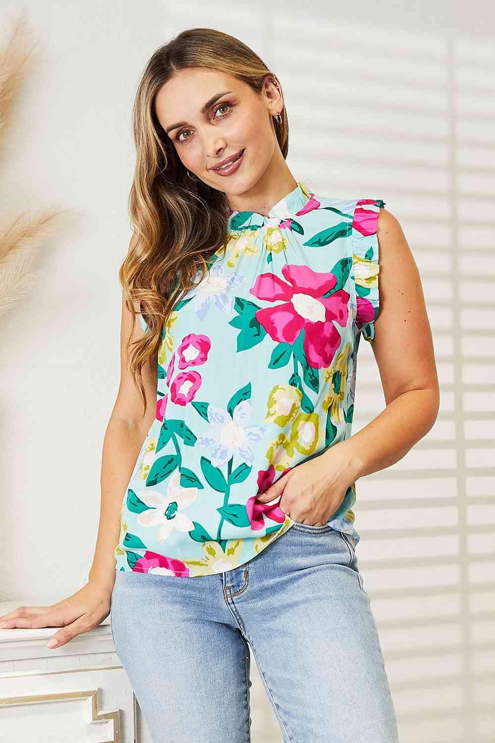 Double Take Floral Print Ruffle Shoulder Blouse Gum Leaf Blouses - Tophatter Daily Deals