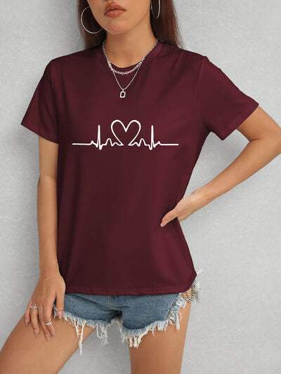 Heart Round Neck Short Sleeve T-Shirt Wine Women's T-Shirts - Tophatter Daily Deals