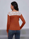 Lace Trim Long Sleeve Round Neck Tee Women's T-Shirts - Tophatter Daily Deals