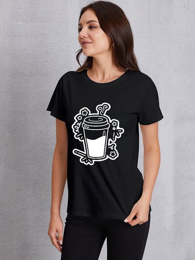 Coffee Round Neck Short Sleeve T-Shirt Black Women's T-Shirts - Tophatter Daily Deals