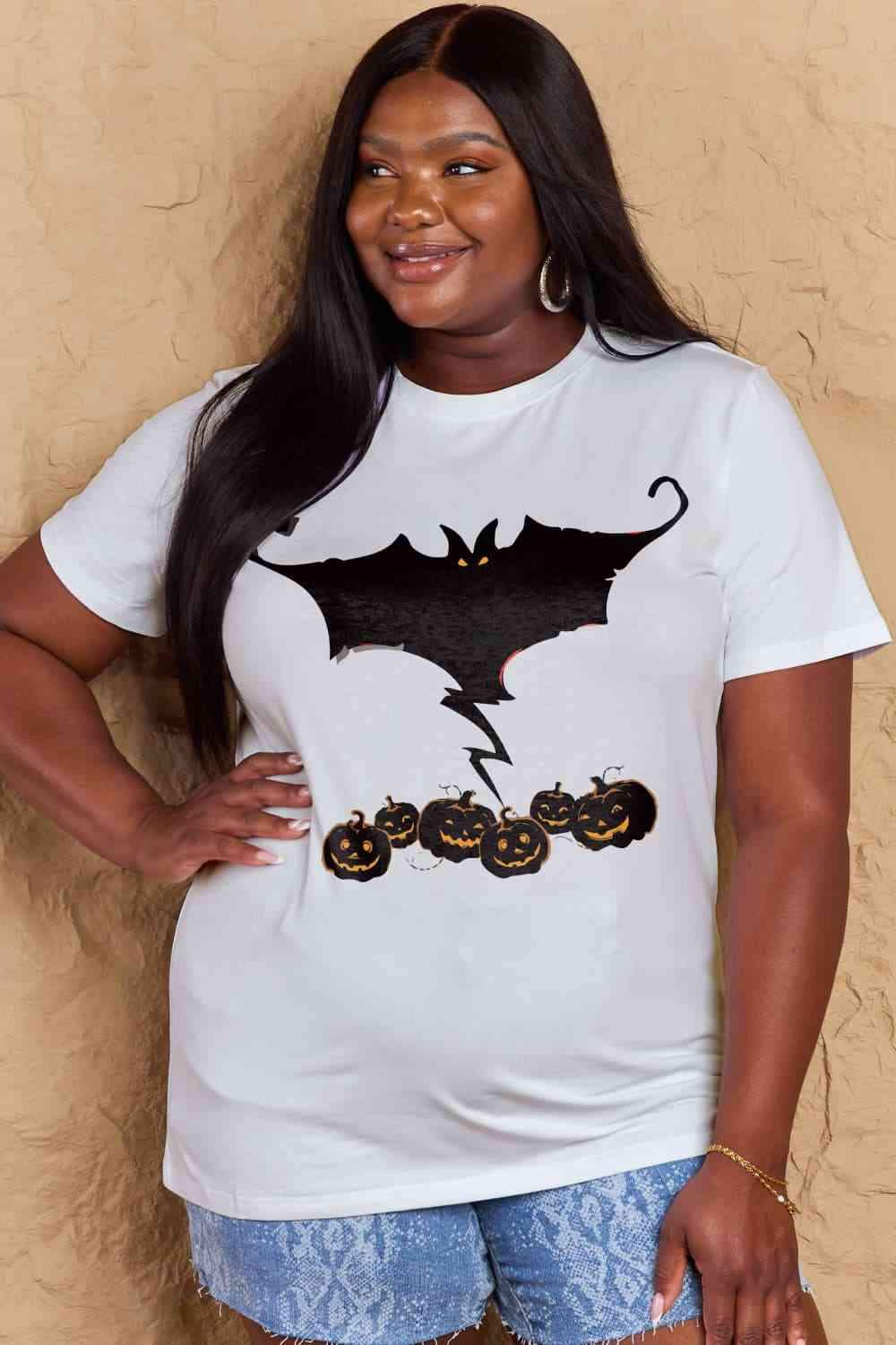 Simply Love Full Size Bat & Pumpkin Graphic Cotton T-Shirt Women's T-Shirts - Tophatter Daily Deals