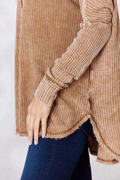 Zenana Oversized Washed Waffle Long Sleeve Top Blouses - Tophatter Daily Deals