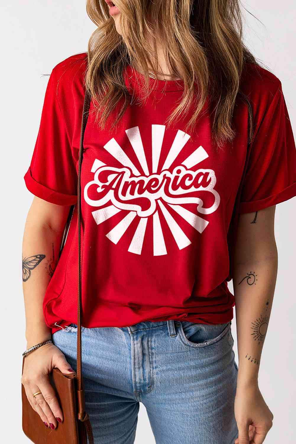 AMERICA Graphic Round Neck Short Sleeve Tee Red Women's T-Shirts - Tophatter Daily Deals