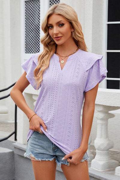 Eyelet Notched Short Sleeve T-Shirt Lavender Women's T-Shirts - Tophatter Daily Deals