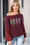 Nutcracker Sequin Crisscross Twisted Back Long Sleeve Blouse Wine Blouses - Tophatter Daily Deals