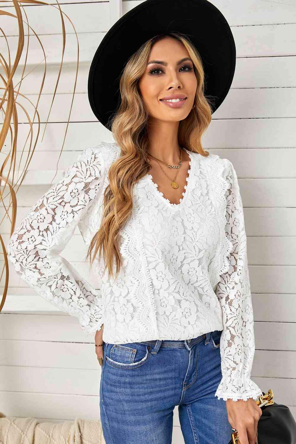 Lace Crochet V-Neck Flounce Sleeve Top White Blouses - Tophatter Daily Deals