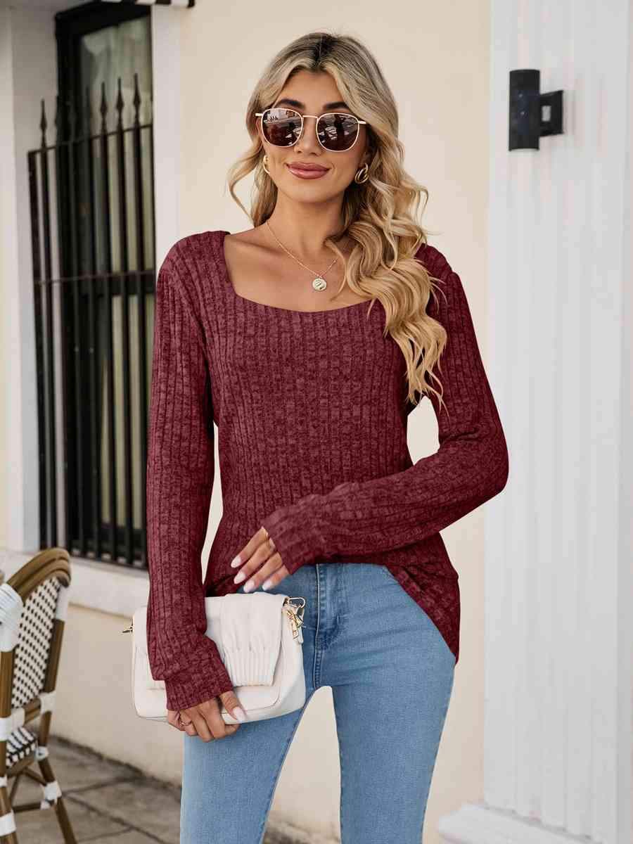 Square Neck Ribbed Long Sleeve T-Shirt Women's T-Shirts - Tophatter Daily Deals