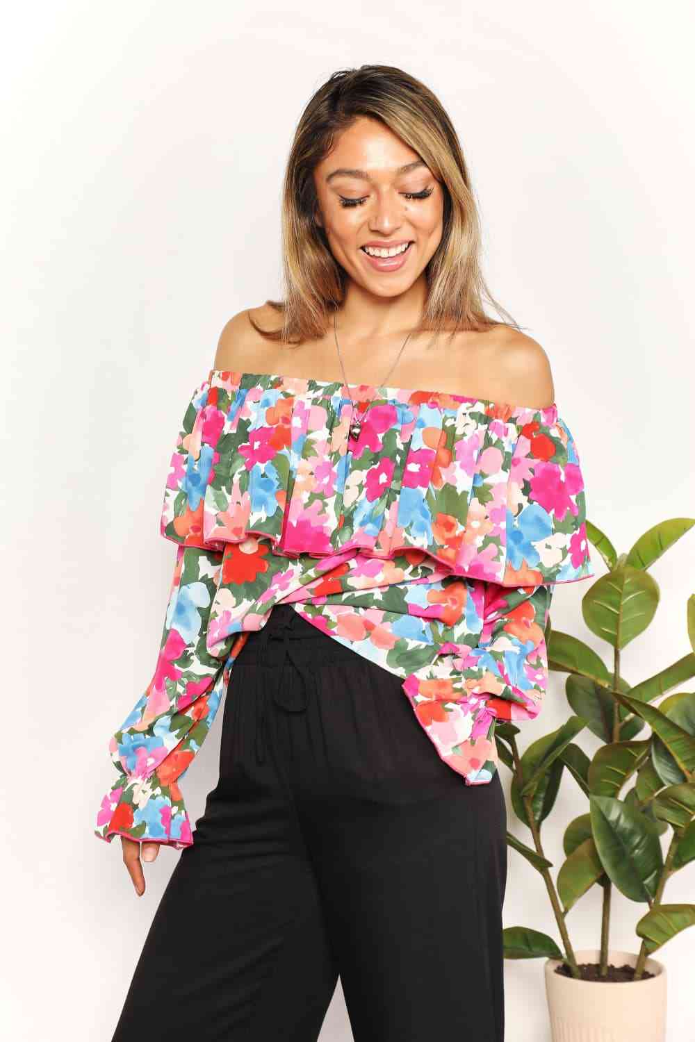 Double Take Floral Off-Shoulder Flounce Sleeve Layered Blouse - Tophatter Deals