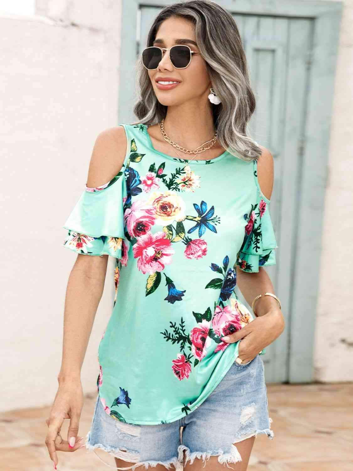 Floral Cold-Shoulder Short Sleeve Top Blouses - Tophatter Daily Deals