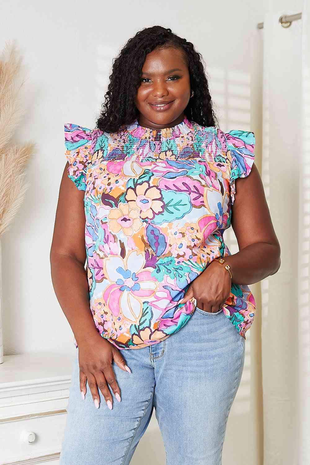 Double Take Floral Smocked Flutter Sleeve Top Floral Blouses - Tophatter Daily Deals