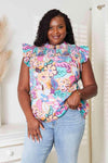 Double Take Floral Smocked Flutter Sleeve Top Floral Blouses - Tophatter Daily Deals