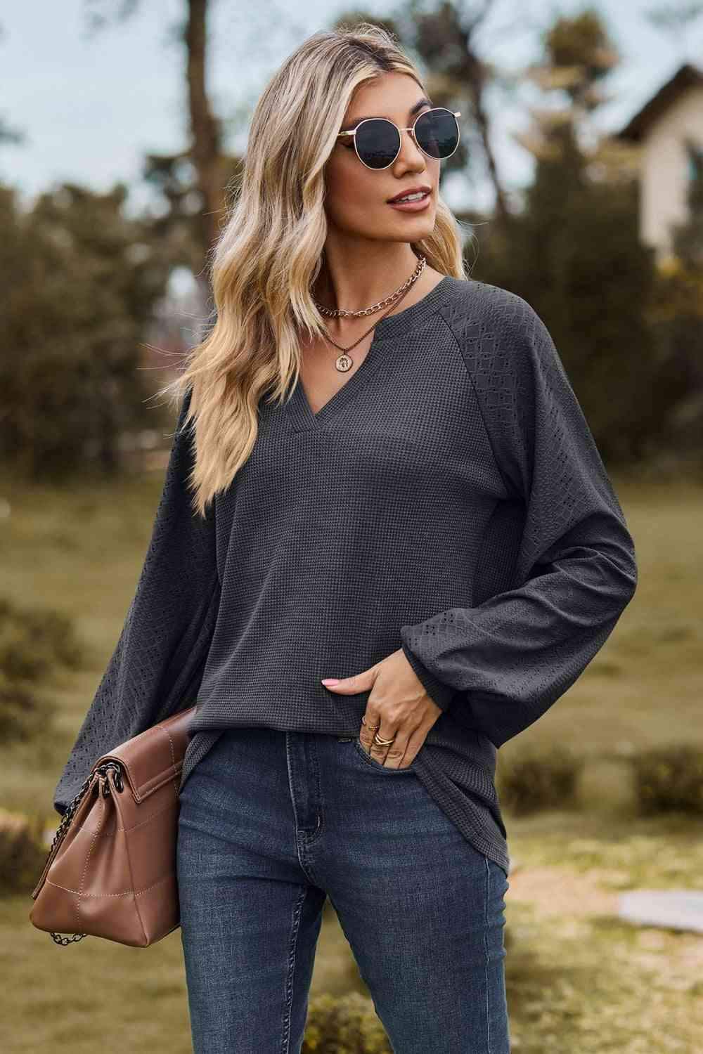 Notched Neck Raglan Sleeve Blouse Blouses - Tophatter Daily Deals