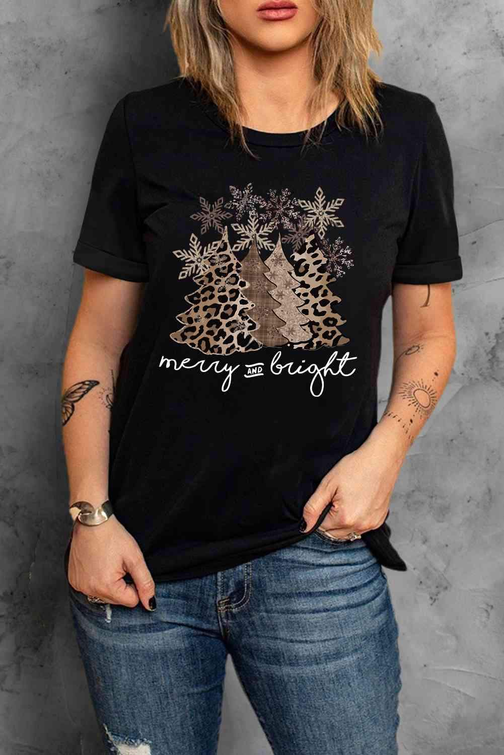 Christmas Tree Graphic Short Sleeve T-Shirt Black Women's T-Shirts - Tophatter Daily Deals