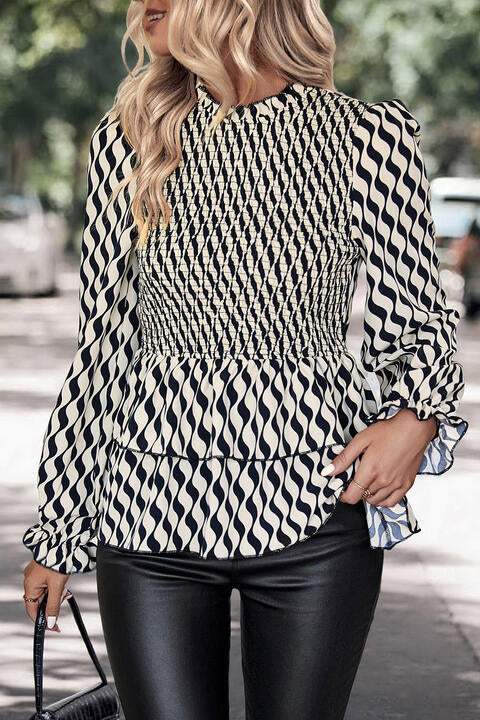 Printed Smocked Flounce Sleeve Blouse Black Blouses - Tophatter Daily Deals