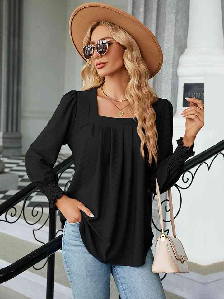 Square Neck Puff Sleeve Blouse Black Women's T-Shirts - Tophatter Daily Deals