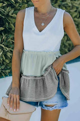 Tricolor Frill Trim V-Neck Sleeveless Top Blouses - Tophatter Daily Deals