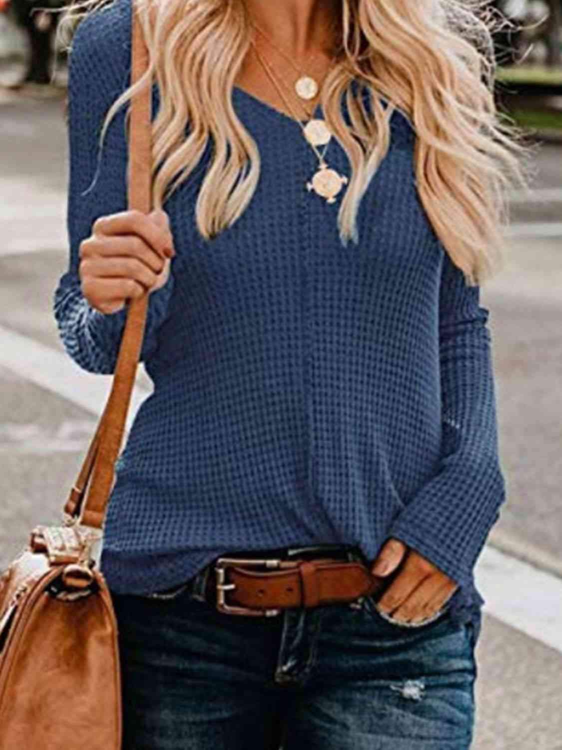 Waffle-Knit V-Neck Top Dusty Blue Blouses - Tophatter Daily Deals