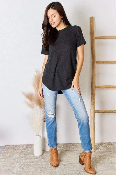 Zenana Waffle Knit Short Sleeve Slit T-Shirt Blouses - Tophatter Daily Deals