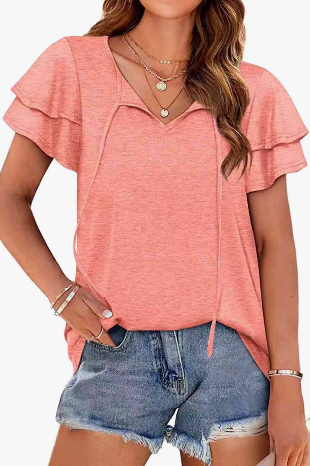 Tie-Neck Layered Flutter Sleeve Blouse Peach Blouses - Tophatter Daily Deals