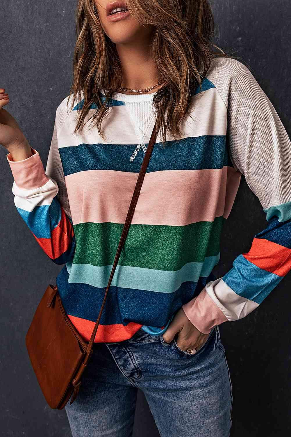 Striped Raglan Sleeve Round Neck Tee Women's T-Shirts - Tophatter Daily Deals