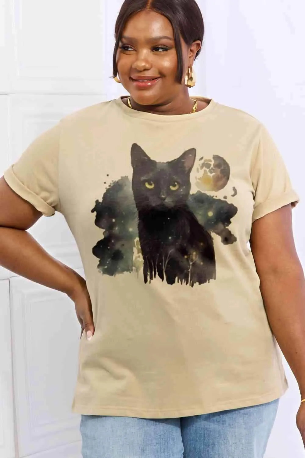 Simply Love Full Size Black Cat Graphic Cotton Tee Taupe Women's T-Shirts - Tophatter Daily Deals