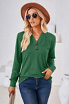 Notched Button Detail Long Sleeve T-Shirt Women's T-Shirts - Tophatter Daily Deals