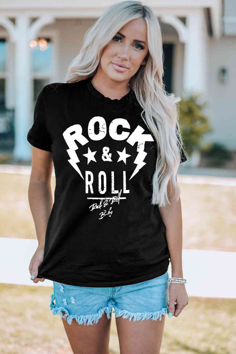 ROCK & ROLL Graphic Round Neck Short Sleeve Tee Black Women's T-Shirts - Tophatter Daily Deals