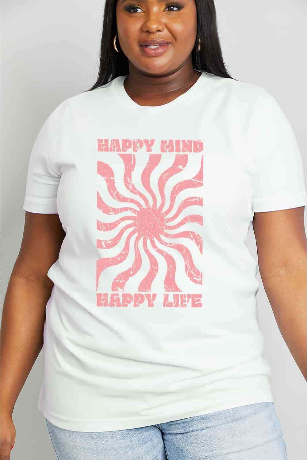 Simply Love Full Size HAPPY MIND HAPPY LIFE Graphic Cotton Tee Women's T-Shirts - Tophatter Daily Deals