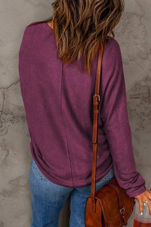 Seam Detail Round Neck Long Sleeve Top Women's T-Shirts - Tophatter Daily Deals