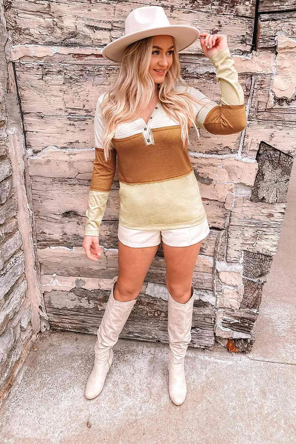 Buttoned Color Block Long Sleeve Top Blouses - Tophatter Daily Deals