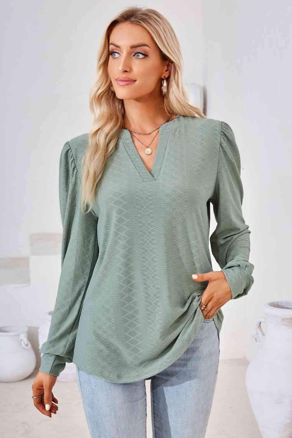 V-Neck Puff Sleeve Blouse Blouses - Tophatter Daily Deals