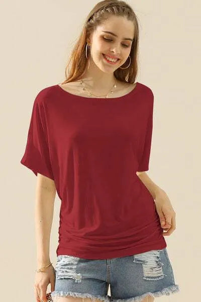 Ninexis Boat Neck Short Sleeve Ruched Side Top Blouses - Tophatter Daily Deals