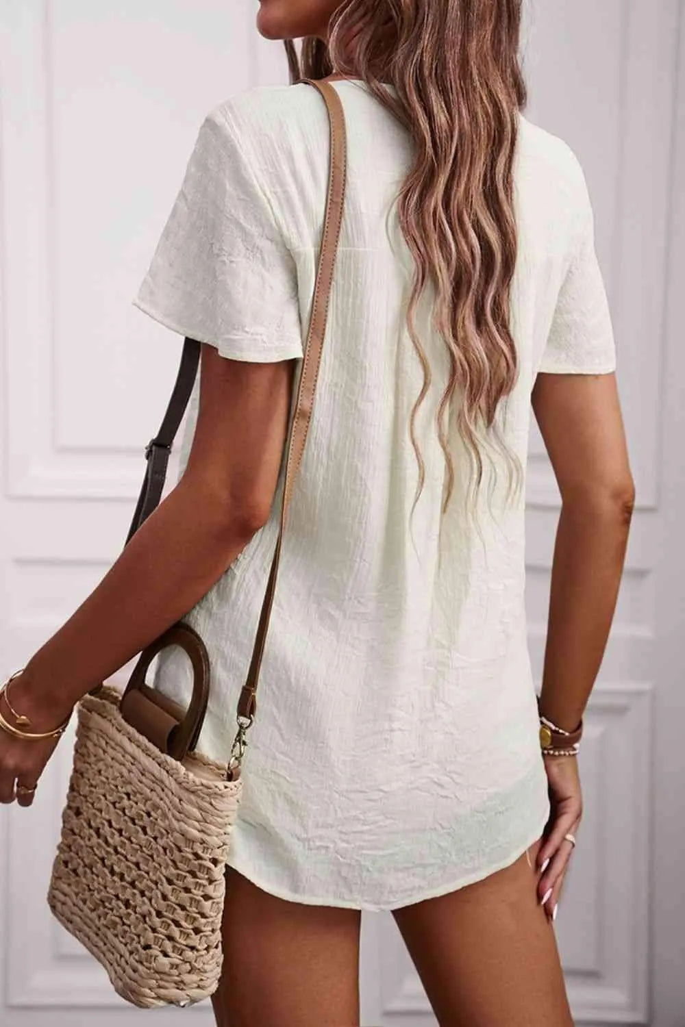 Quarter-Button Round Neck Short Sleeve Top Blouses - Tophatter Daily Deals
