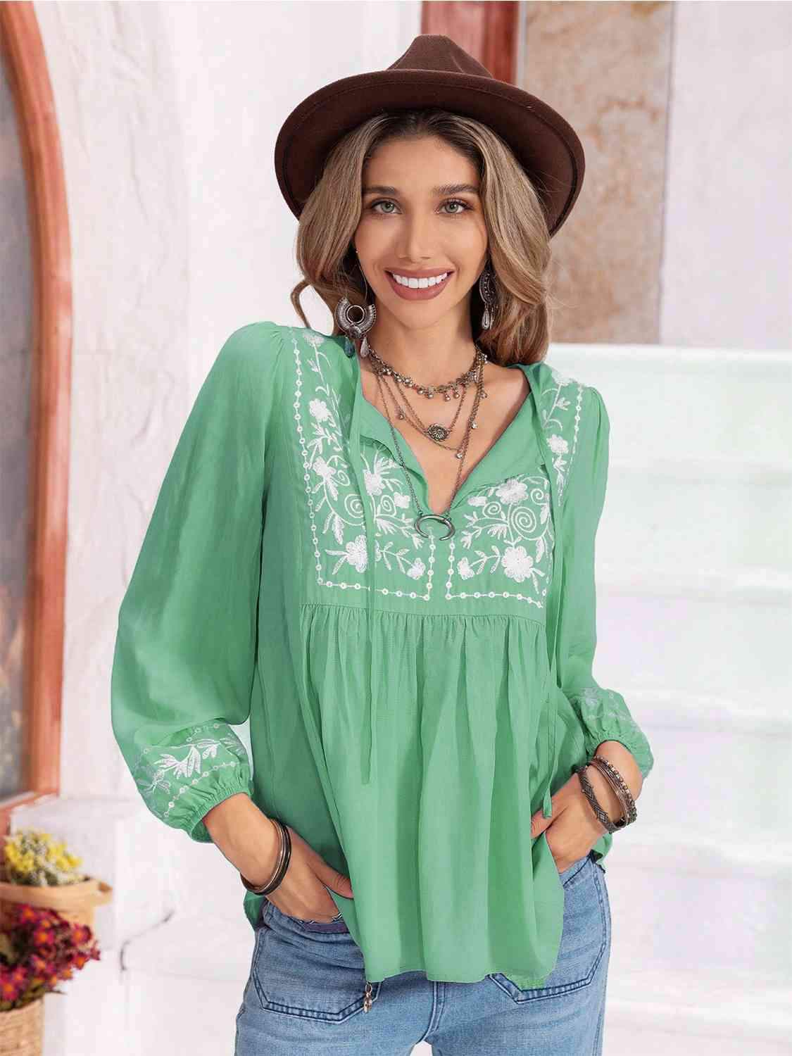 Floral Tie Neck Balloon Sleeve Blouse Gum Leaf Blouses - Tophatter Daily Deals