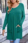 Ruched Pocketed Decorative Button Round Neck T-Shirt Mid Green Women's T-Shirts - Tophatter Daily Deals