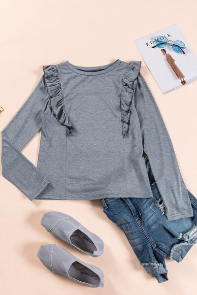 Ruffled Round Neck Long Sleeve T-Shirt Women's T-Shirts - Tophatter Daily Deals