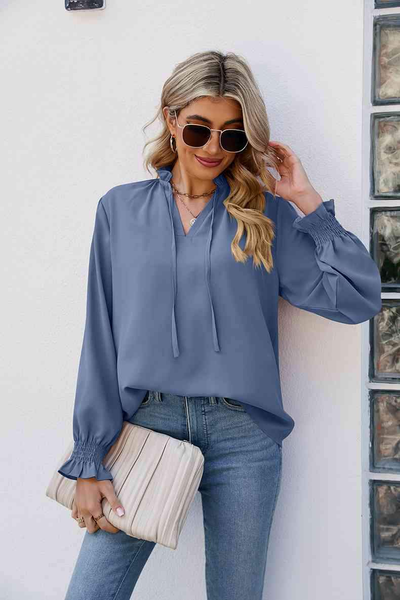 Tie Neck Flounce Sleeve Blouse Blouses - Tophatter Daily Deals