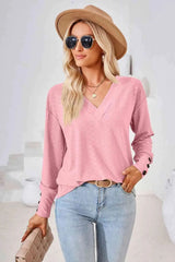 V-Neck Long Sleeve Blouse Blush Pink Blouses - Tophatter Daily Deals