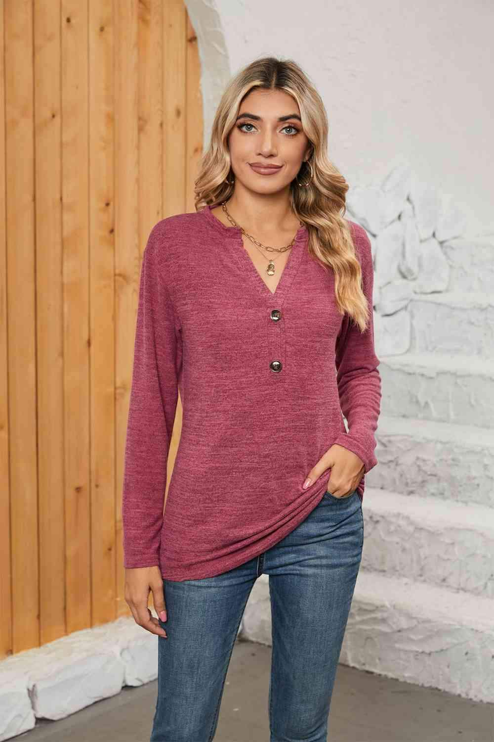 Notched Neck Long Sleeve T-Shirt Moonlit Mauve Women's T-Shirts - Tophatter Daily Deals