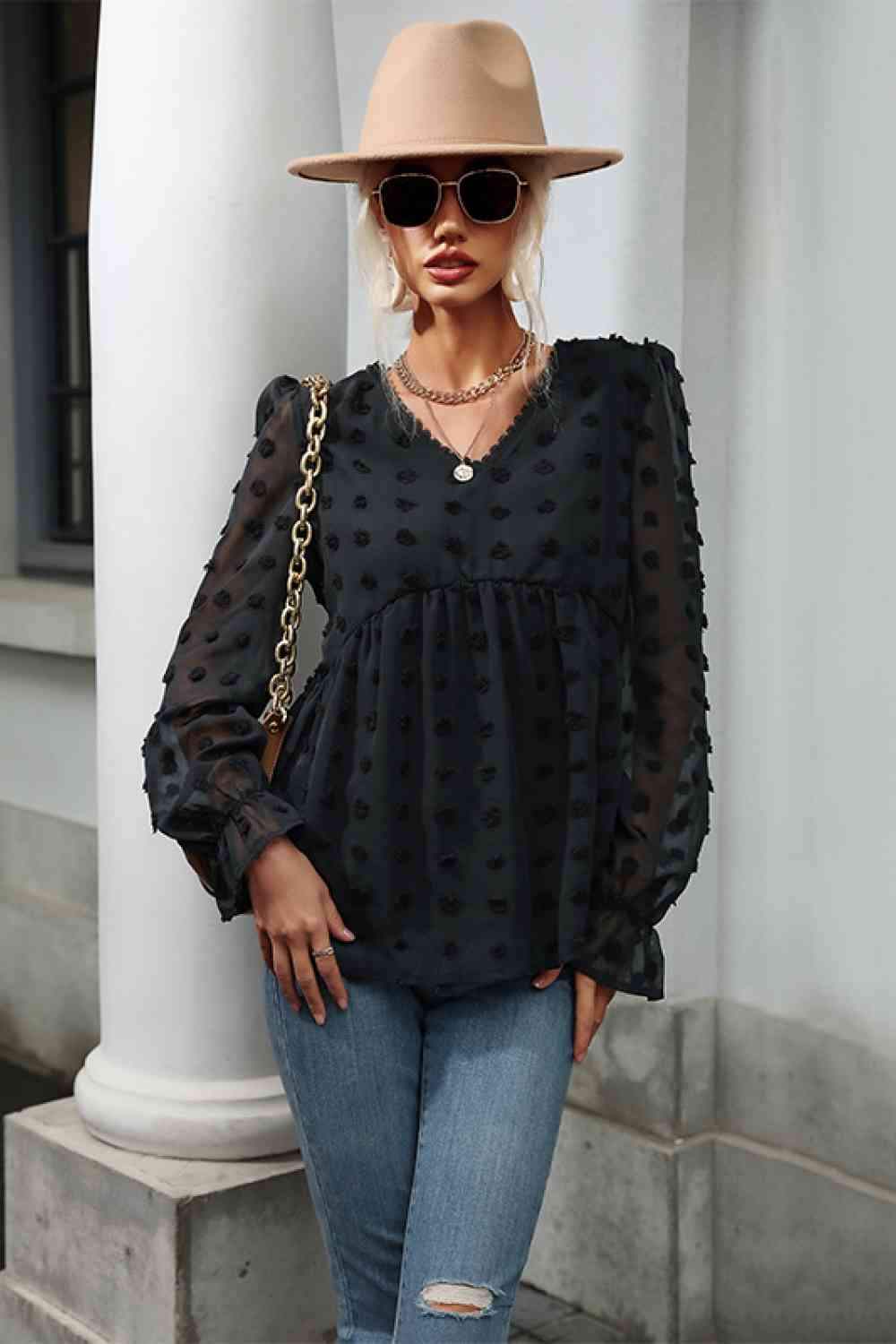 Swiss Dot Peplum Blouse Black Blouses - Tophatter Daily Deals