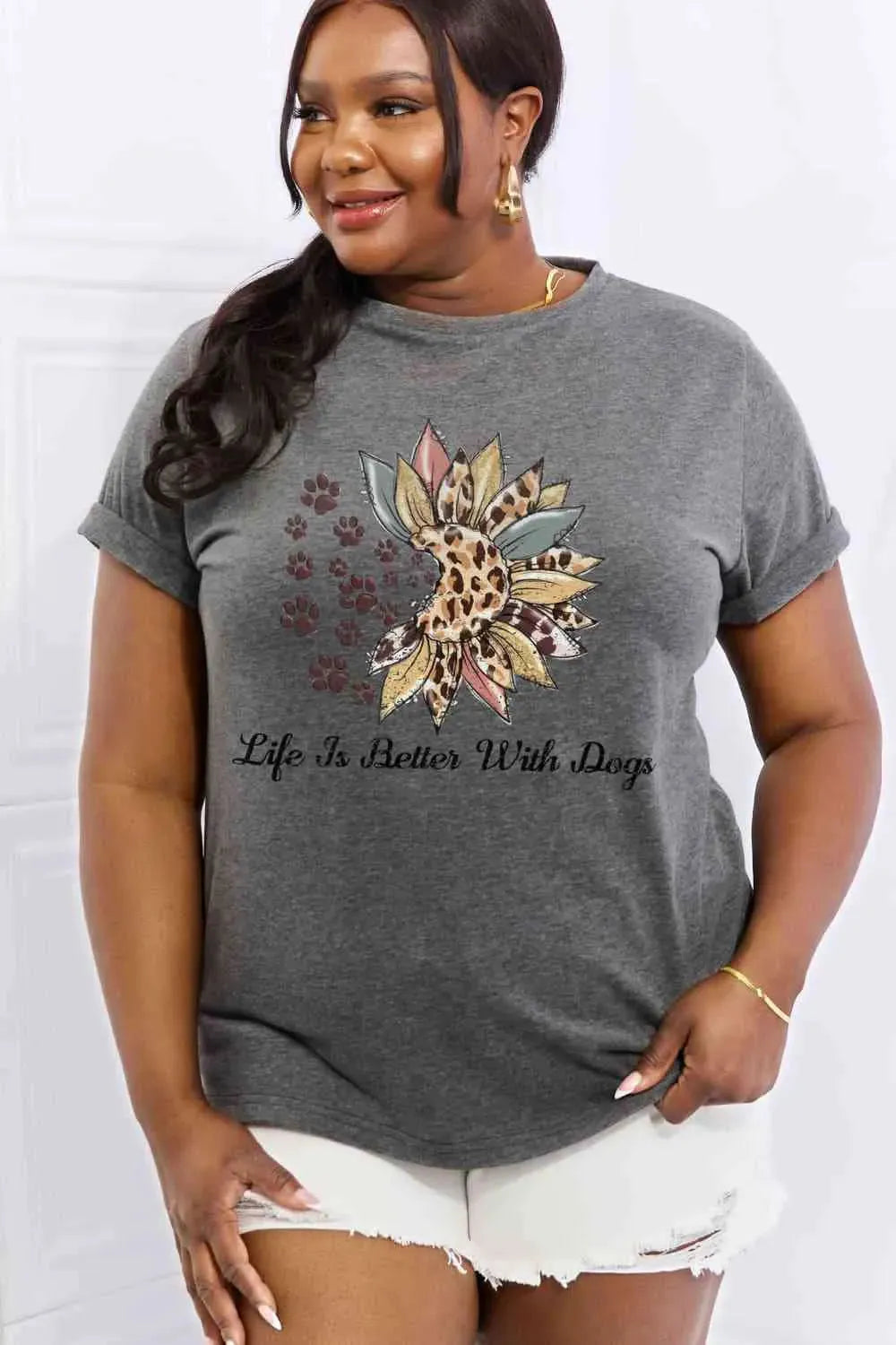 Simply Love Simply Love Full Size LIFE IS BETTER WITH DOGS Graphic Cotton Tee Charcoal Women's T-Shirts - Tophatter Daily Deals