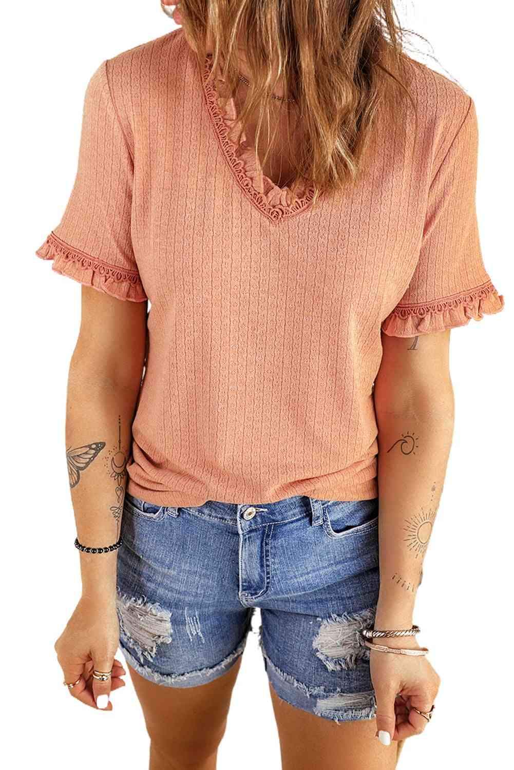 Textured V-Neck Flounce Sleeve Blouse Blouses - Tophatter Daily Deals