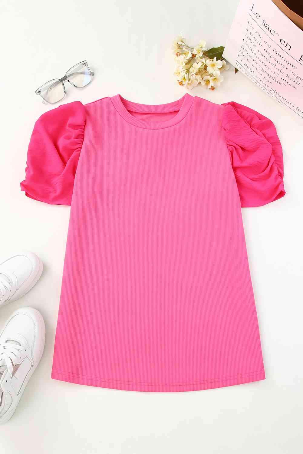 Round Neck Puff Sleeve Top Blouses - Tophatter Daily Deals