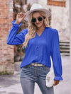 Double Take Eyelet V-Neck Flounce Sleeve Blouse Cobalt Blue Blouses - Tophatter Daily Deals