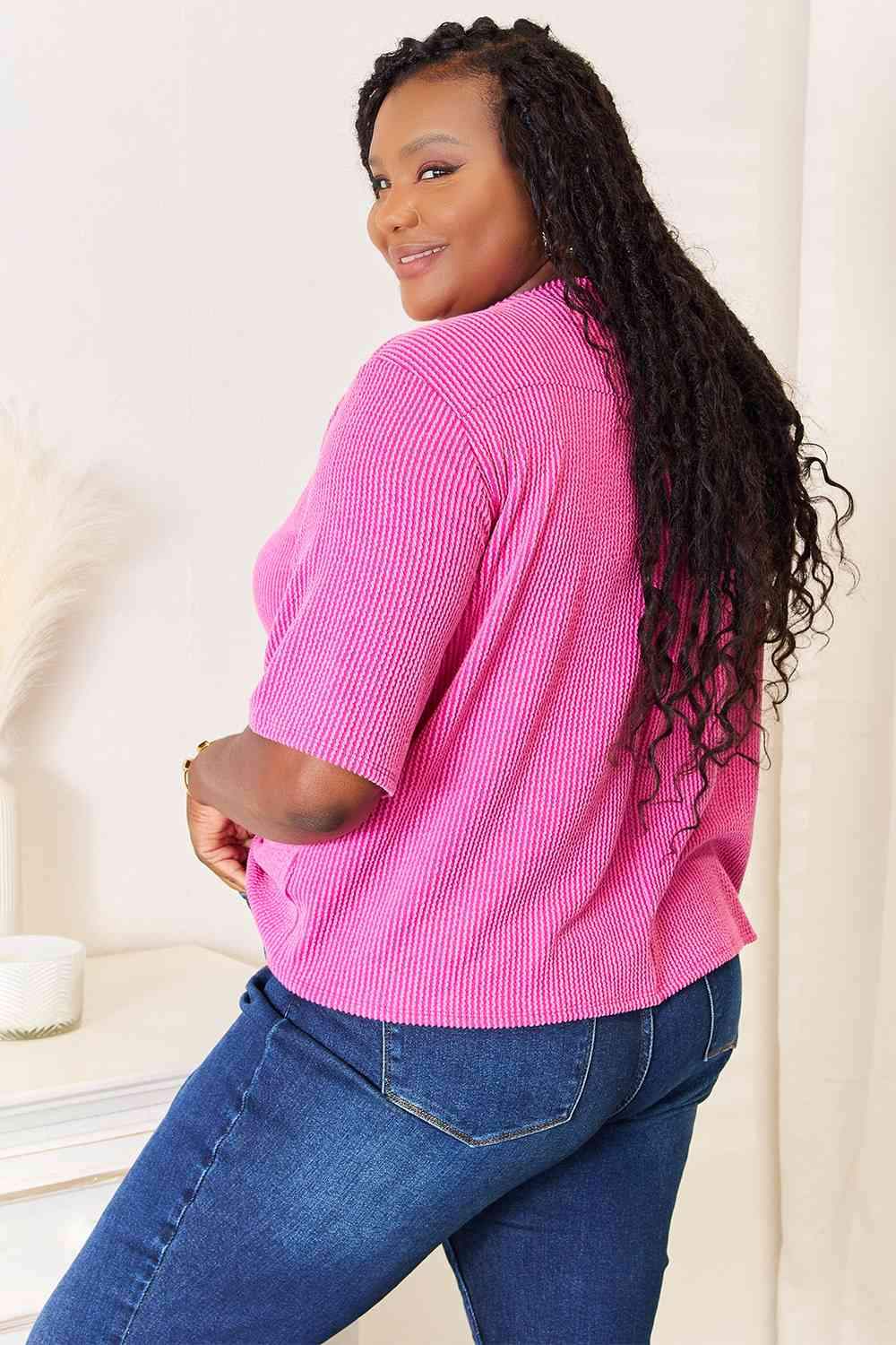 Sew In Love Full Size Ribbed V-Neck Short Sleeve Top Blouses - Tophatter Daily Deals