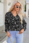 Double Take Printed Notched Neck Smocked Blouse Black Blouses - Tophatter Daily Deals