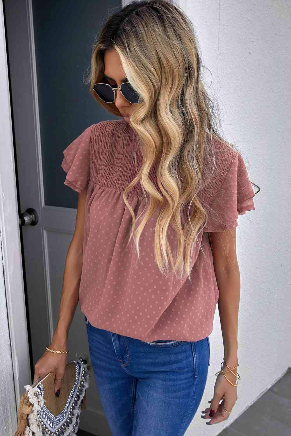 Polka Dot Smocked Flutter Sleeve Blouse Blouses - Tophatter Daily Deals