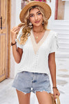 Eyelet V-Neck Petal Sleeve T-Shirt White Women's T-Shirts - Tophatter Daily Deals