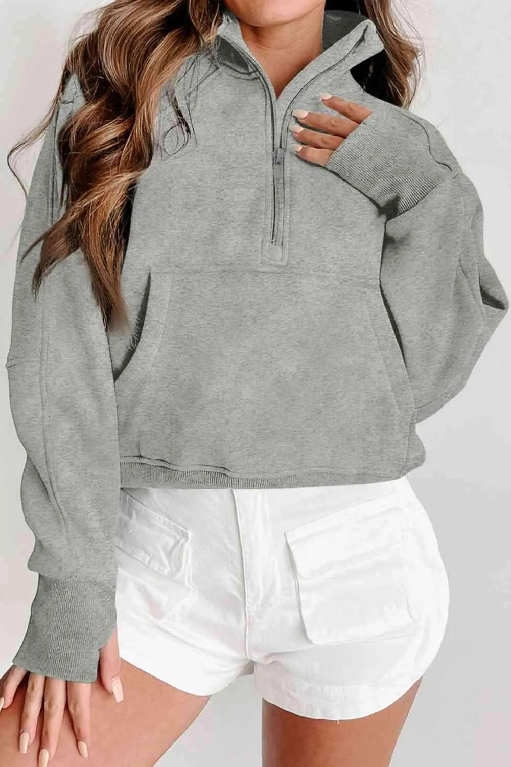 Zip-Up Collared Neck Raglan Sleeve Sweatshirt Light Gray Blouses - Tophatter Daily Deals